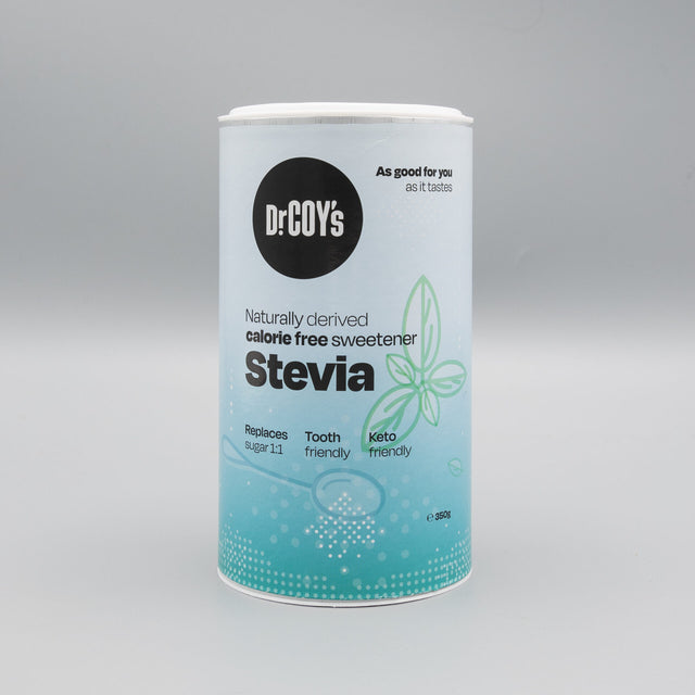 Dr. Coy's naturally derived calorie free Stevia sweetener 350g tin.