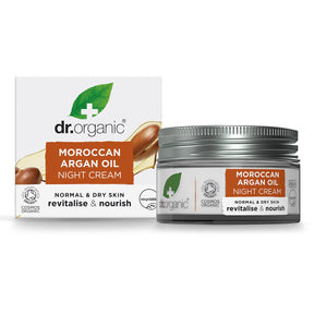 Dr. Organic Moroccan Argan Oil Shampoo in a 265ml bottle and Moroccan Argan Oil Night Cream in a 50ml jar and box.