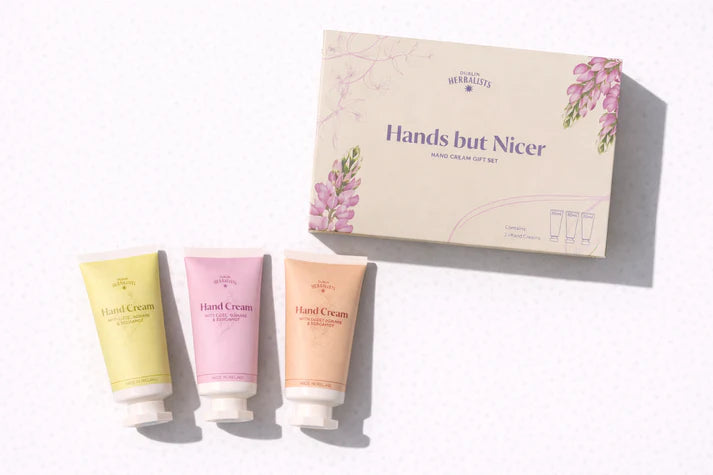 Dublin Herbalists "Hands but Nicer" Hand Cream Gift Set, featuring three 30ml tubes in various scents.
