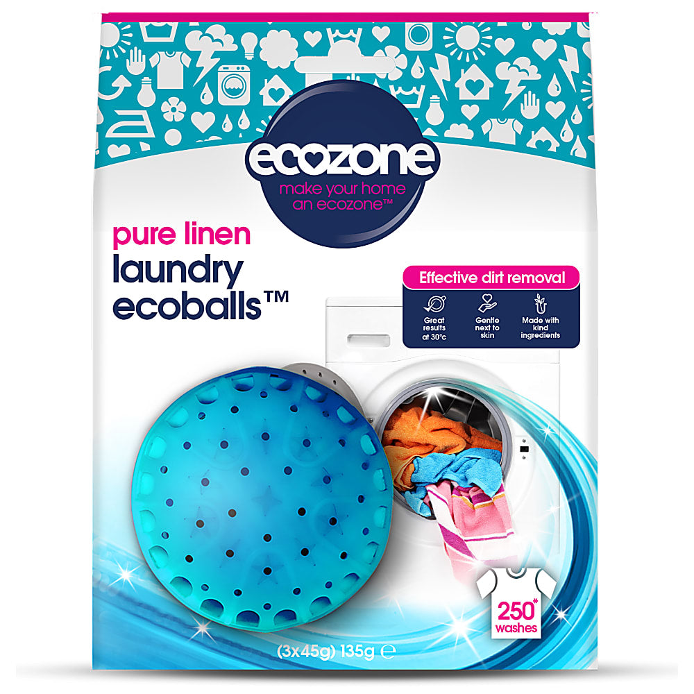 Ecozone Pure Linen Laundry Ecoballs, 3-pack (135g total), suitable for 250 washes, designed for effective dirt removal, gentle on skin, and effective at 30°C.