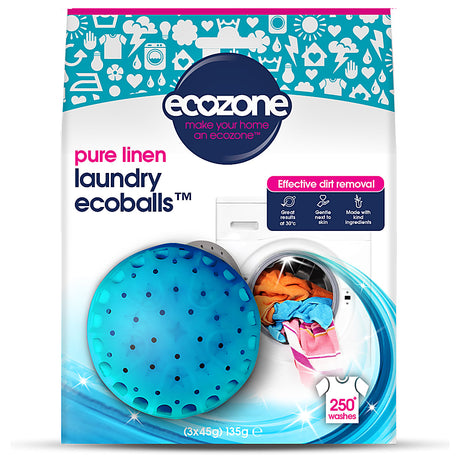 Ecozone Pure Linen Laundry Ecoballs, 3-pack (135g total), suitable for 250 washes, designed for effective dirt removal, gentle on skin, and effective at 30°C.