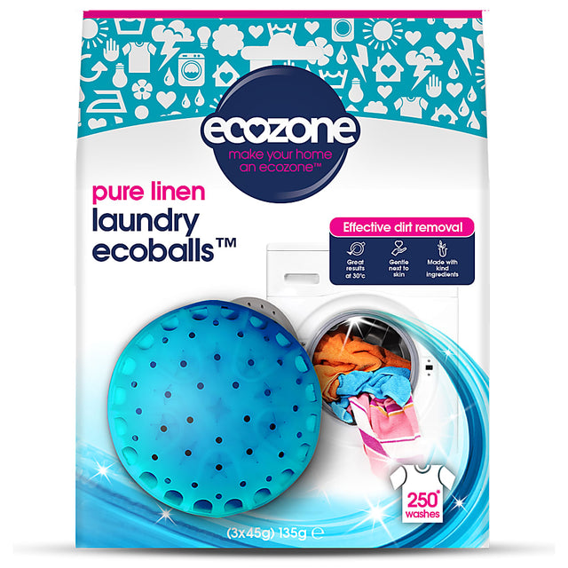 Ecozone Pure Linen Laundry Ecoballs, 3-pack (135g total), suitable for 250 washes, designed for effective dirt removal, gentle on skin, and effective at 30°C.