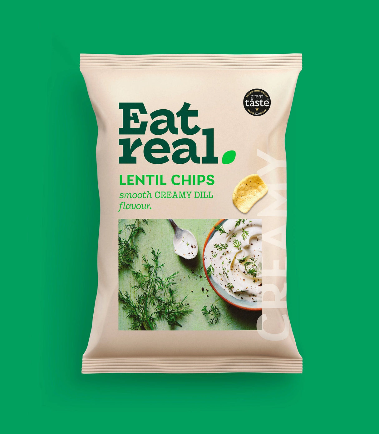 Eat Real Lentil Chips, smooth creamy dill flavor, 95g sharing bag.