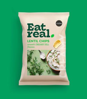 Eat Real Lentil Chips, smooth creamy dill flavor, 95g sharing bag.