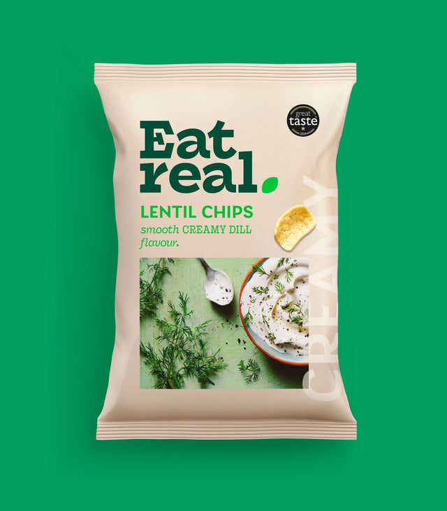 Eat Real Lentil Chips, smooth creamy dill flavor, 95g sharing bag.