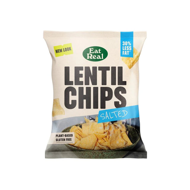 Eat Real Salted Lentil Chips, a plant-based and gluten-free snack.