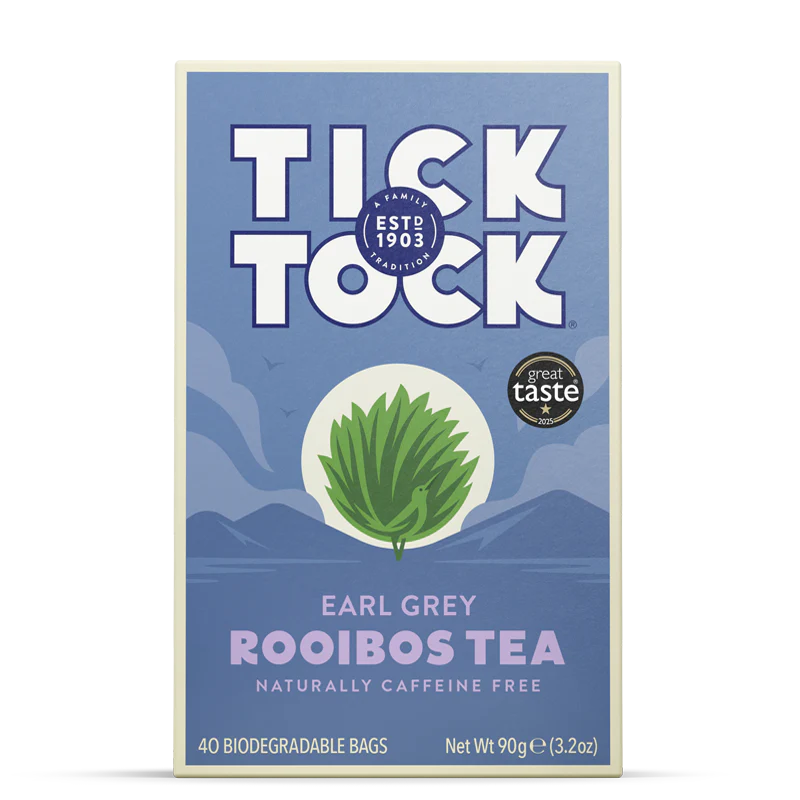 Tick Tock Earl Grey Rooibos Tea, naturally caffeine-free, 40 biodegradable tea bags.