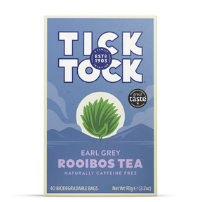Tick Tock Earl Grey Rooibos Tea, naturally caffeine-free, 40 biodegradable tea bags.