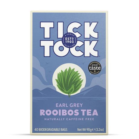 Tick Tock Earl Grey Rooibos Tea, naturally caffeine-free, 40 biodegradable tea bags.