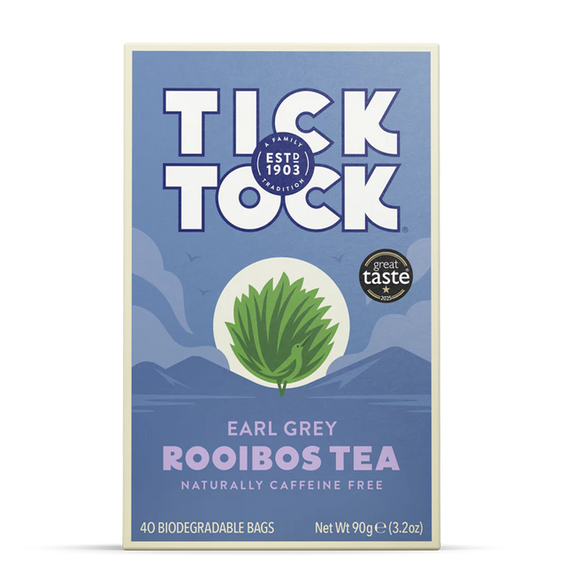 Tick Tock Earl Grey Rooibos Tea, naturally caffeine-free, 40 biodegradable tea bags.