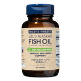 A dark amber bottle of Wiley's Finest Wild Alaskan Fish Oil dietary supplement with a blue cap. The label features a green banner for "Easy Swallow Minis" and "General Wellness Support," indicating it provides 630mg EPA + DHA Omega-3 per serving of 2 softgels.