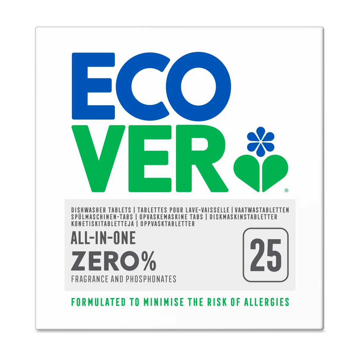 Ecover All-In-One Zero% Dishwasher Tablets, fragrance and phosphonates free, 25 tabs.