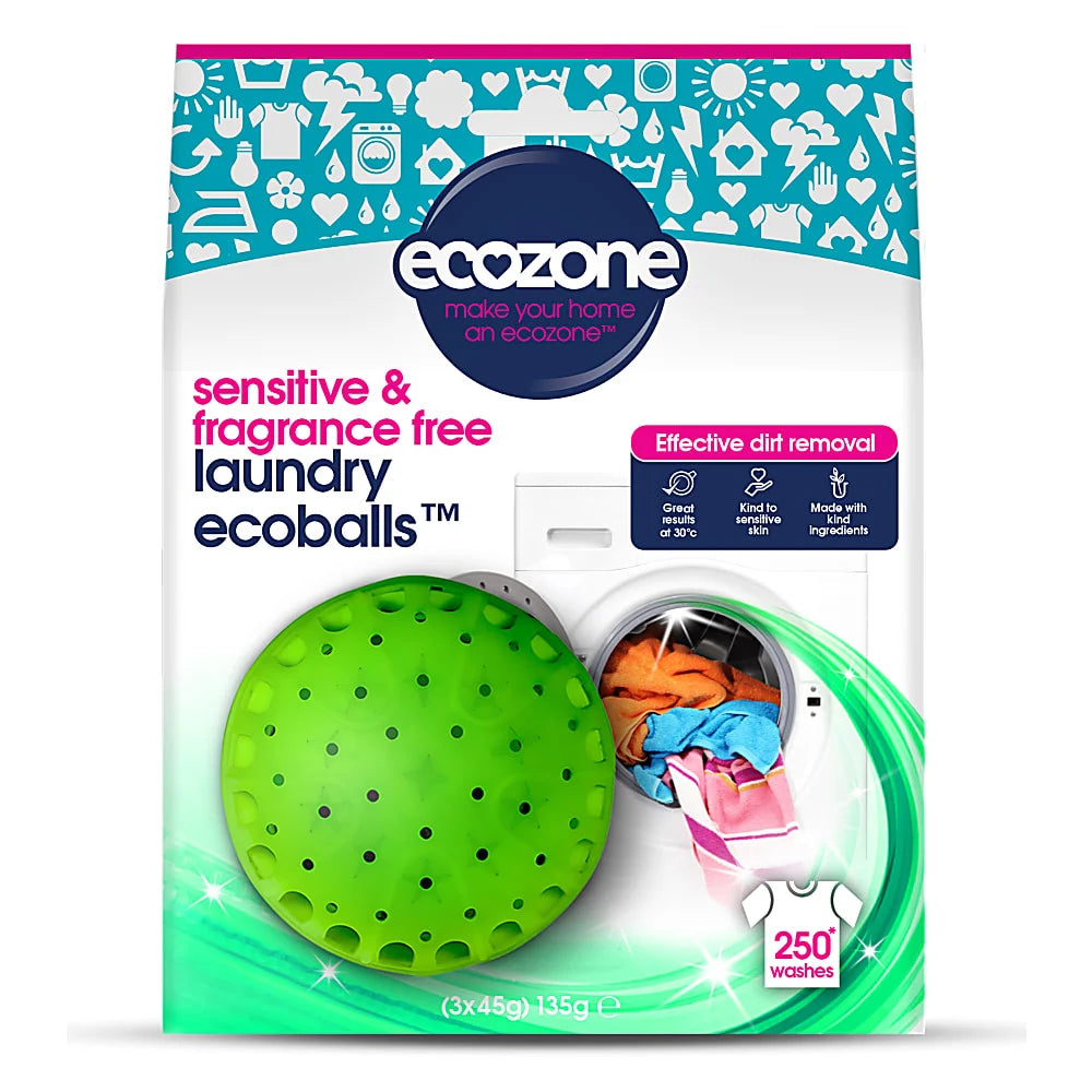 Ecozone Fragrance Free Laundry Ecoballs packaging featuring a green washing ball and machine.