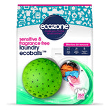 Ecozone Fragrance Free Laundry Ecoballs packaging featuring a green washing ball and machine.