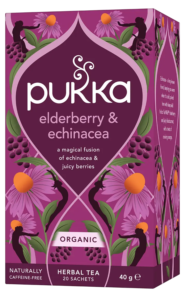 Pukka Organic "Elderberry & Echinacea" herbal tea box featuring a fusion of echinacea and juicy berries, containing 20 caffeine-free sachets.