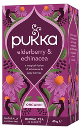 Pukka Organic "Elderberry & Echinacea" herbal tea box featuring a fusion of echinacea and juicy berries, containing 20 caffeine-free sachets.