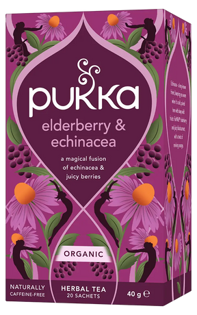 Pukka Organic "Elderberry & Echinacea" herbal tea box featuring a fusion of echinacea and juicy berries, containing 20 caffeine-free sachets.