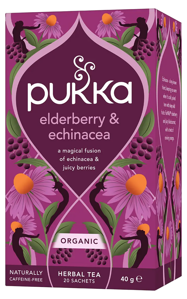 Pukka Organic "Elderberry & Echinacea" herbal tea box featuring a fusion of echinacea and juicy berries, containing 20 caffeine-free sachets.
