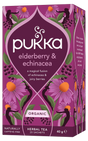 Pukka Organic "Elderberry & Echinacea" herbal tea box featuring a fusion of echinacea and juicy berries, containing 20 caffeine-free sachets.