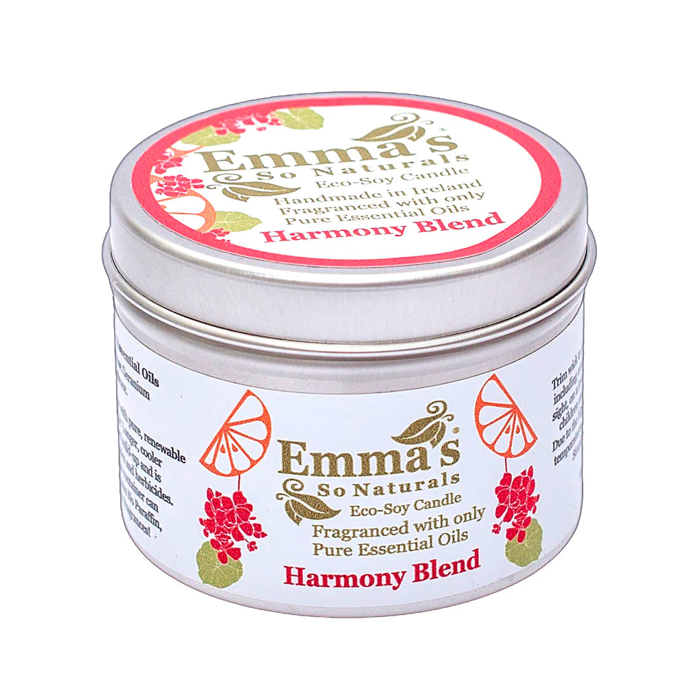 Emma's So Naturals Harmony Blend eco-soy candle, handmade in Ireland and fragranced with pure essential oils, presented in a signature tin.
