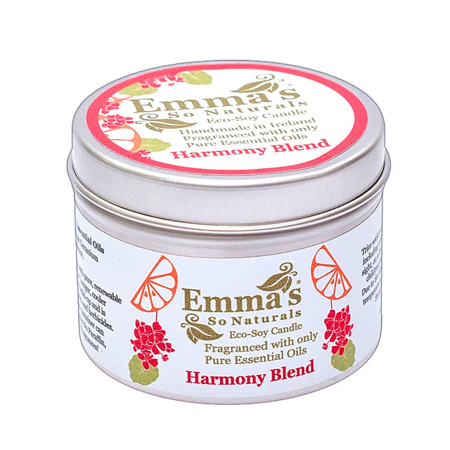 Emma's So Naturals Harmony Blend eco-soy candle, handmade in Ireland and fragranced with pure essential oils, presented in a signature tin.