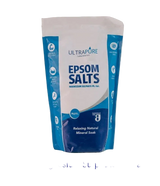 A white and blue stand-up pouch of ULTRAPURE Epsom Salts (Magnesium Sulphate), labeled as a relaxing natural mineral soak with icons for muscle recovery and being fragrance-free.