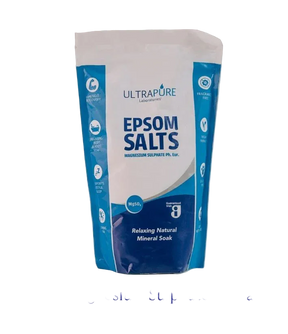 A white and blue stand-up pouch of ULTRAPURE Epsom Salts (Magnesium Sulphate), labeled as a relaxing natural mineral soak with icons for muscle recovery and being fragrance-free.