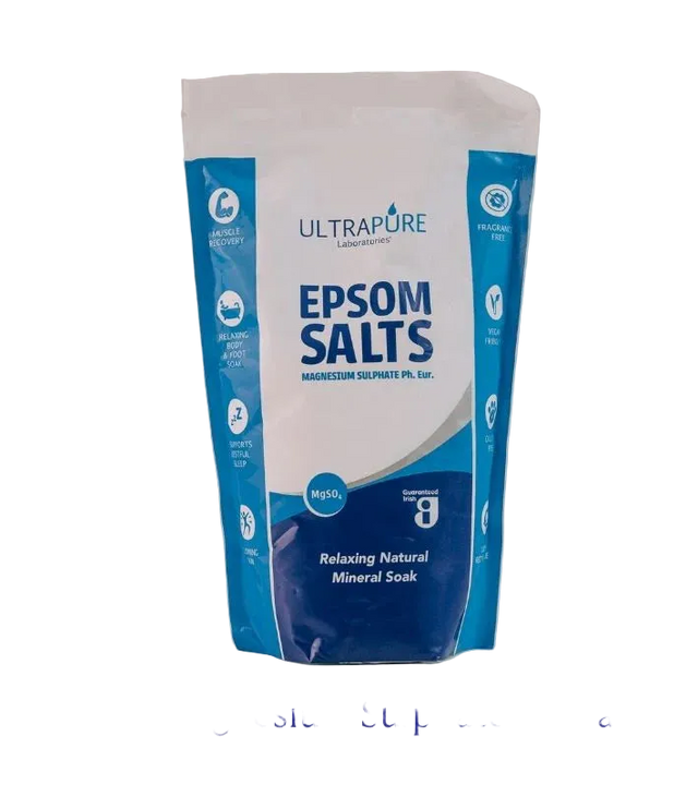 A white and blue stand-up pouch of ULTRAPURE Epsom Salts (Magnesium Sulphate), labeled as a relaxing natural mineral soak with icons for muscle recovery and being fragrance-free.