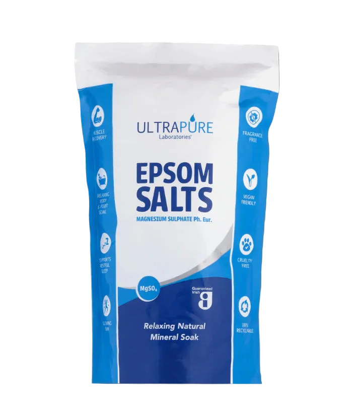 A white and blue pouch of ULTRAPURE Laboratories Epsom Salts (Magnesium Sulphate Ph. Eur.) featuring icons for muscle recovery, fragrance-free, vegan-friendly, and cruelty-free benefits.