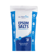A white and blue pouch of ULTRAPURE Laboratories Epsom Salts (Magnesium Sulphate Ph. Eur.) featuring icons for muscle recovery, fragrance-free, vegan-friendly, and cruelty-free benefits.
