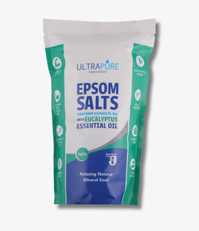 Ultrapure Laboratories Epsom Salts with Eucalyptus Essential Oil in a white, teal, and blue standing pouch.
