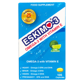 Eskimo Omega 3 with Vitamin E capsules blue box