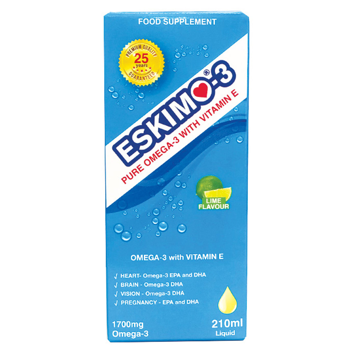 Eskimo 3 Omega-3 supplement packaging with blue background and lemon graphic.