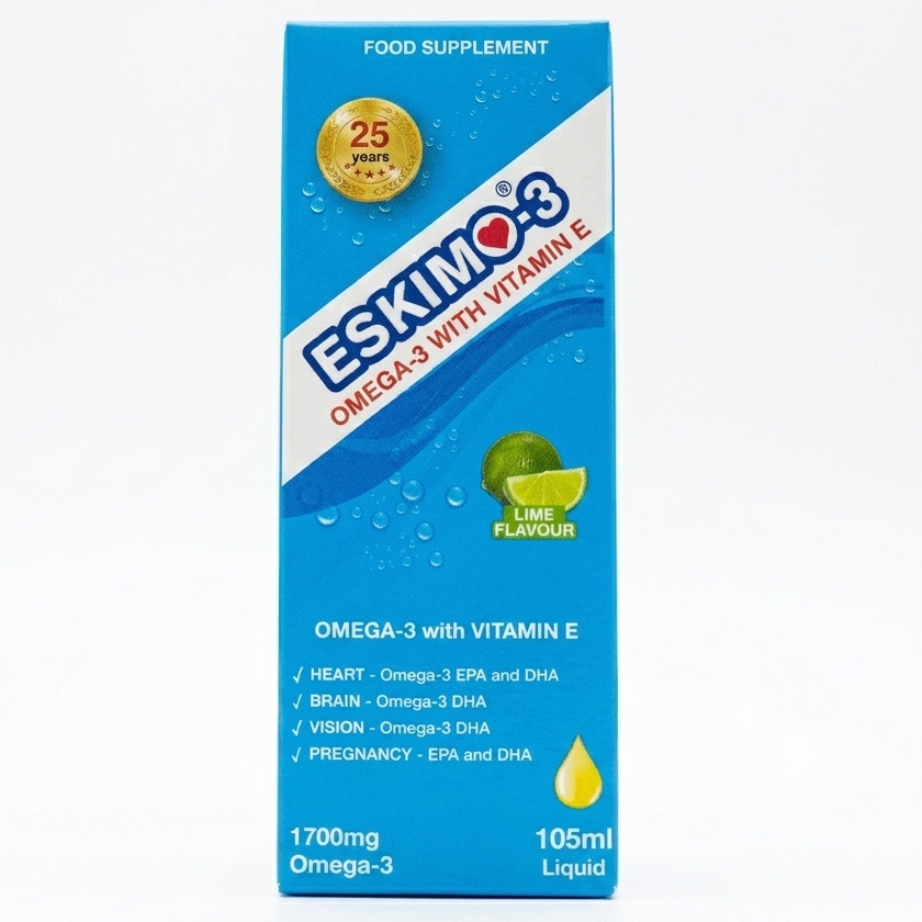 Eskimo-3 Omega-3 with Vitamin E Lime Flavour liquid supplement box.