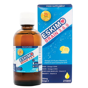 Eskimo-3 Brain 3-6-9 Liquid fish oil with CoQ10 and Vitamin D for cognitive health and brain support 210ml.