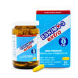 Opaque brown bottle with white cap and blue label beside a blue and red box. Text on both reads "Eskimo-3 Extra," highlighting Omega-3, Vitamin D3, and E.