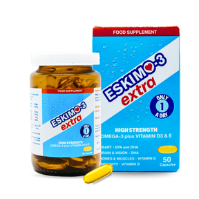 Opaque brown bottle with white cap and blue label beside a blue and red box. Text on both reads "Eskimo-3 Extra," highlighting Omega-3, Vitamin D3, and E.