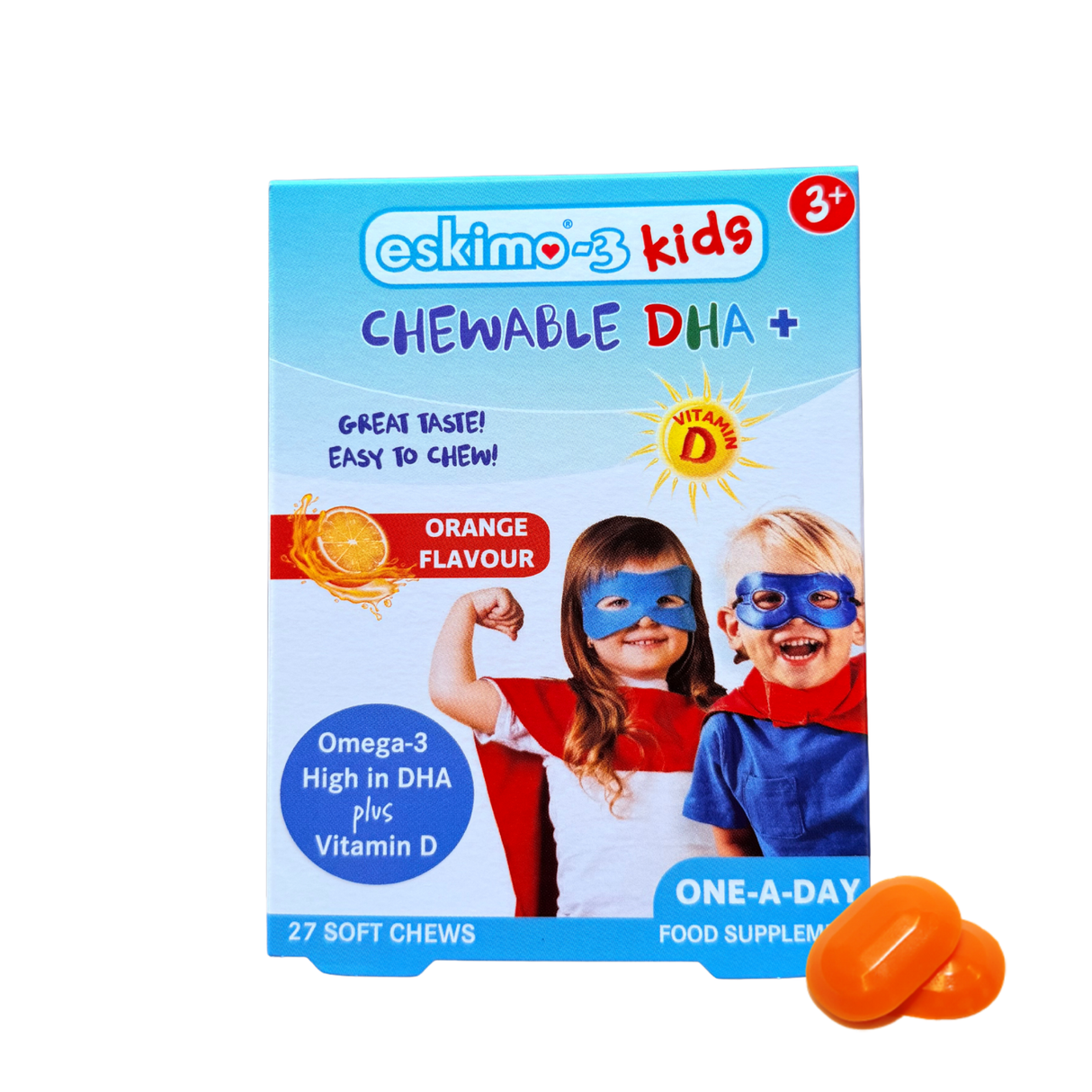 Eskimo-3 Kids Chewable DHA+ supplement package with two children in superhero costumes on a white background.