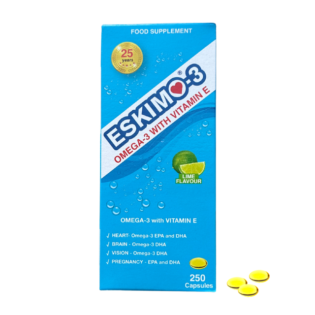 Eskimo-3 with Vitamin E capsules, pure stable Omega-3 fish oil for heart health and cardiovascular support, 250 capsules.