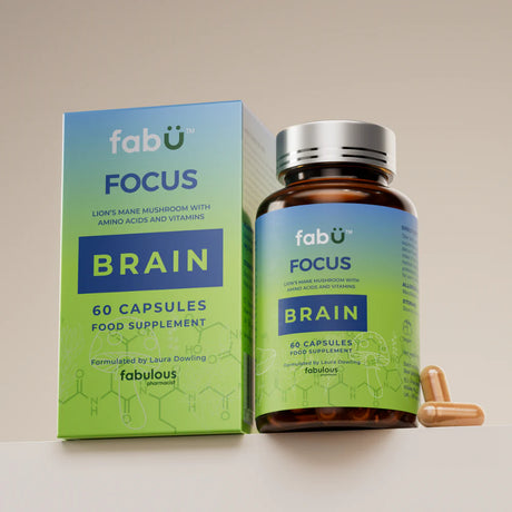 Fábú Focus and Brain capsules 60 pack for mental clarity and concentration with Lion's Mane and Vitamin B5, an Irish wellness supplement.