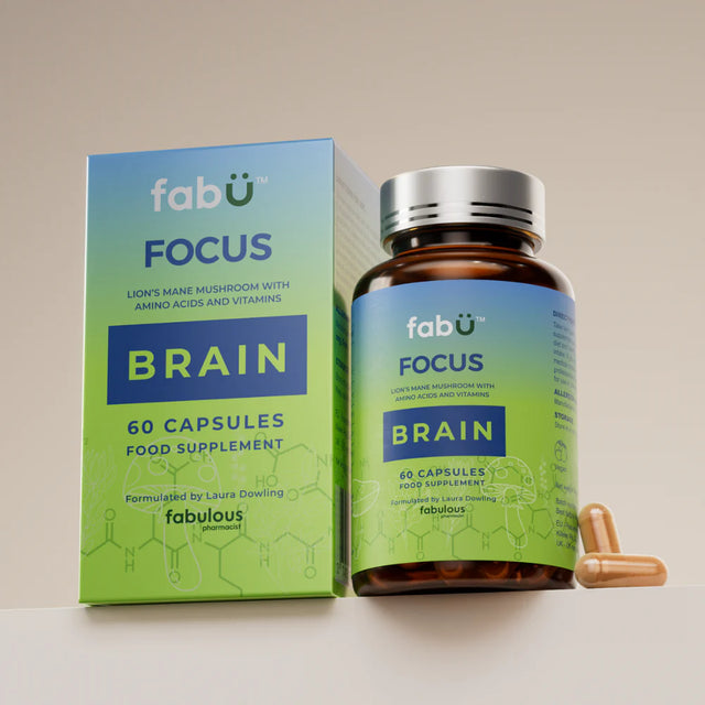 Fábú Focus and Brain capsules 60 pack for mental clarity and concentration with Lion's Mane and Vitamin B5, an Irish wellness supplement.