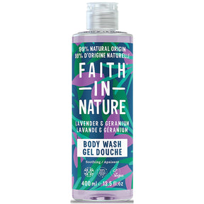 Bottle of Faith in Nature lavender and geranium body wash on a white background