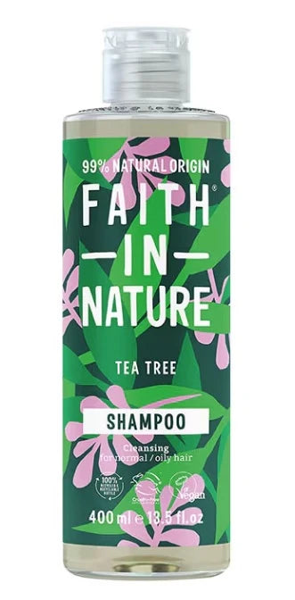 Faith In Nature Tea Tree Shampoo in a 400 ml clear plastic bottle with a green and pink floral label.