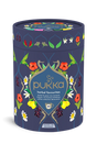 Pukka Organic "Herbal Favourites" tea selection box, a cylindrical navy blue container featuring a floral design and containing 30 herbal and green tea moments.