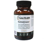 A bottle of Fiana Health Nattokinase+ food supplement, containing 30 capsules, in an amber brown bottle with a black cap and a white label.