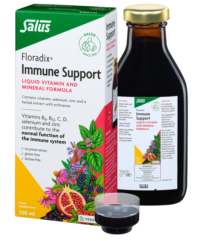 Floradix Immune Support 250ml liquid herbal supplement with Echinacea Elderberry Vitamin C and Zinc for immune health defense.
