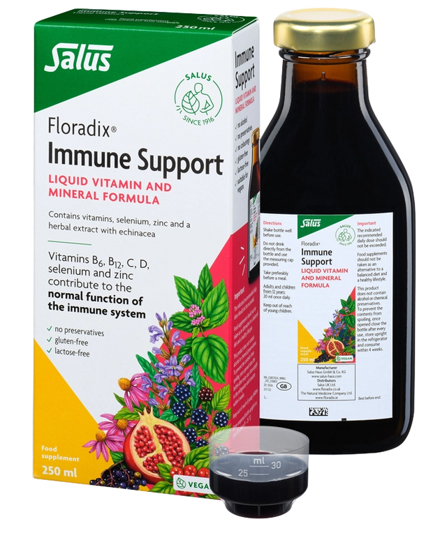 Floradix Immune Support 250ml liquid herbal supplement with Echinacea Elderberry Vitamin C and Zinc for immune health defense.