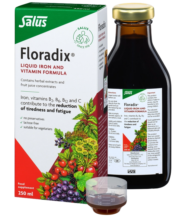 Floradix Liquid Iron and Vitamin Formula herbal supplement for energy support and reducing fatigue 250ml 500ml.