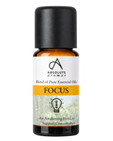 Absolute Aromas Focus is an awakening essential oil blend designed to support concentration, packaged in an amber glass bottle with a black cap.