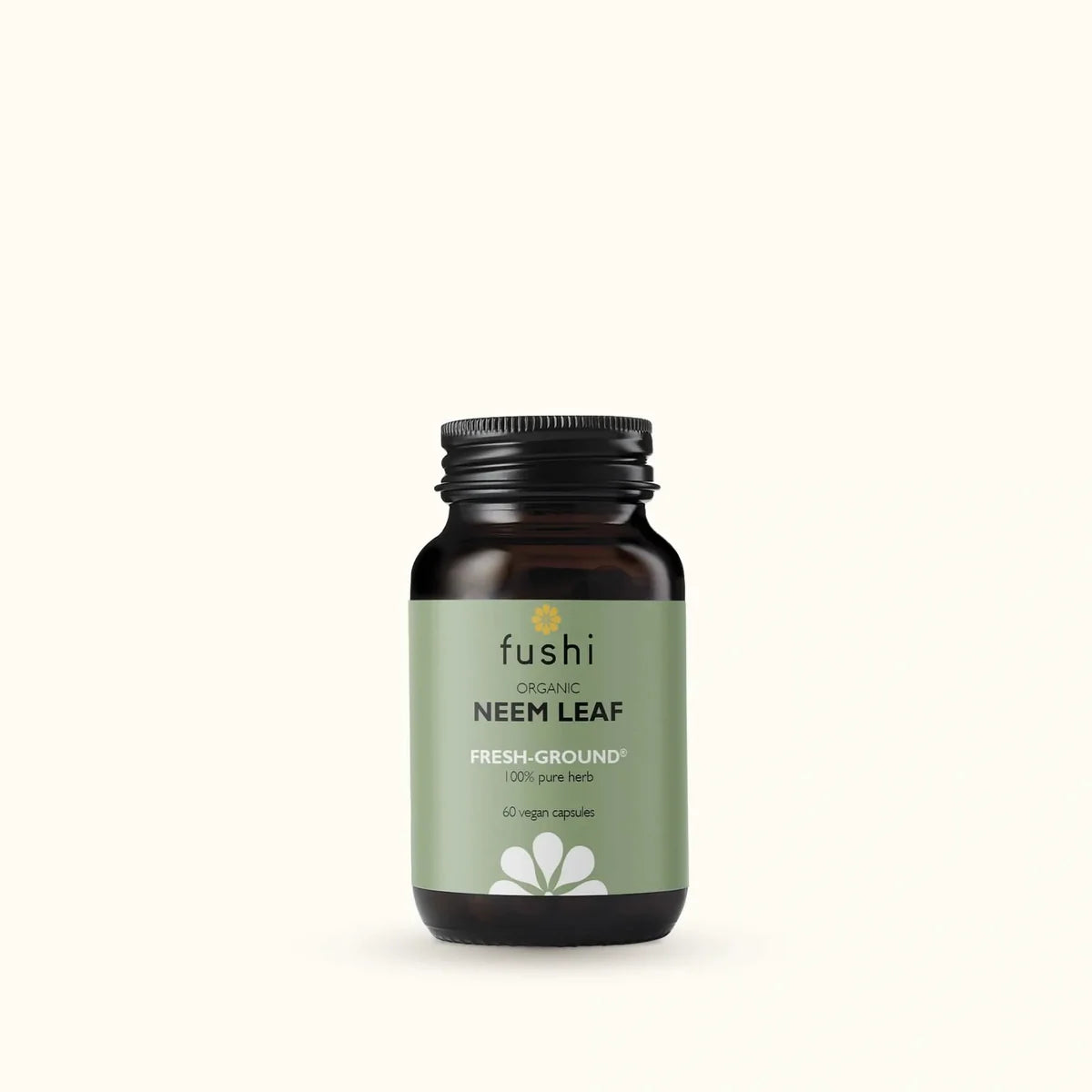 Fushi Organic Neem Leaf fresh-ground supplement bottle with vegan capsules.